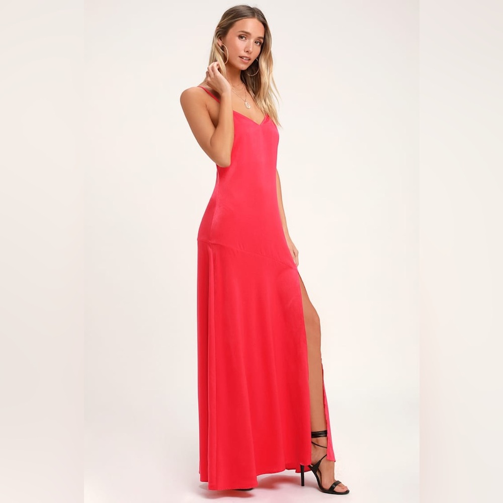 Lulus Hot Date Red Satin Maxi Dress